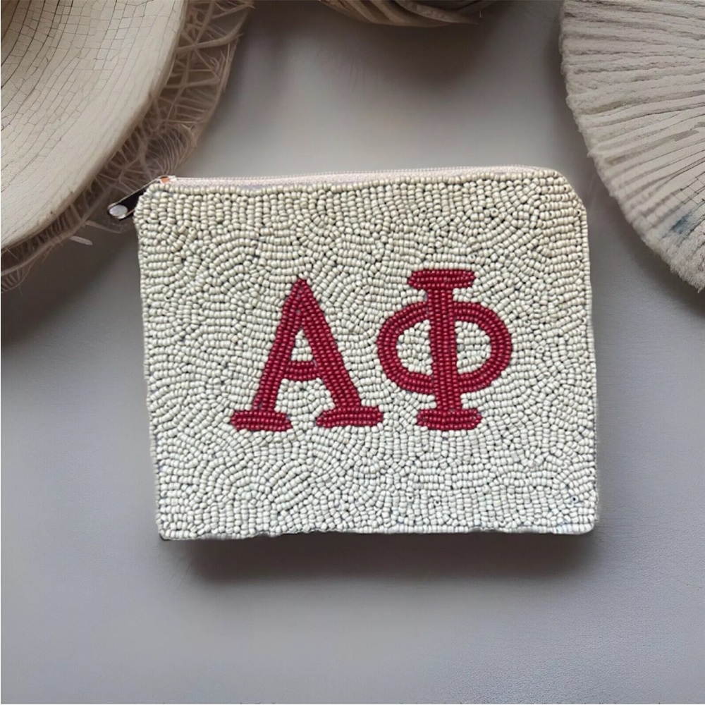 ALPHA PHI SORORITY BEADED POUCH 4”X5” Zipper Closure Fabric Lining